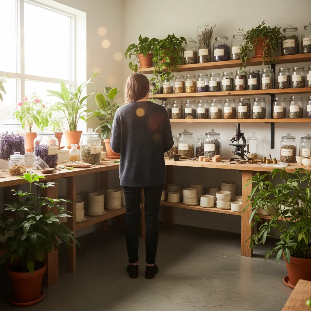Anonymous researcher examining botanical plant samples at a wellness workspace, plant-based food supplement for active lifestyle