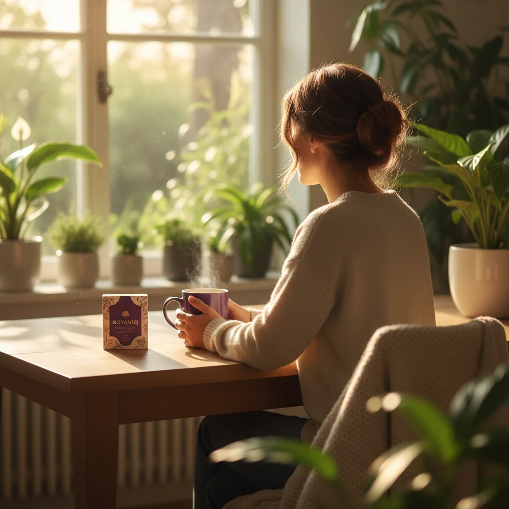 Anonymous person enjoying a morning wellness ritual, natural energy supplement morning routine UK